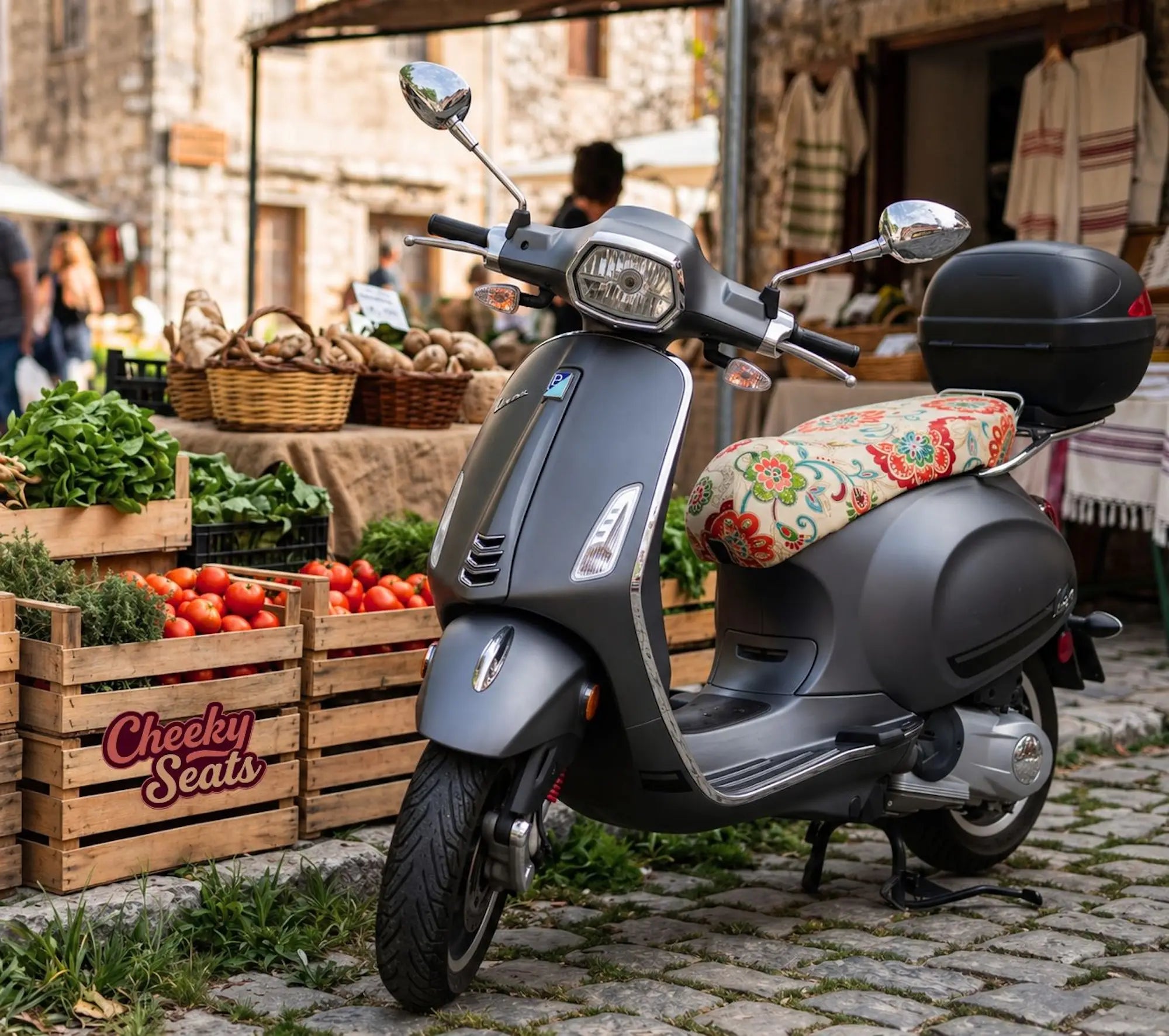 Vespa Sprint / Primavera scooter with a floral Cheeky Seats summer seat cover at an outdoor farmers market