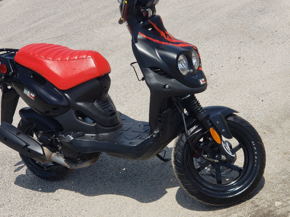 Black Roughhouse 50 Sport scooter with Red tuck and roll seat cover - handmade by Cheeky Seats