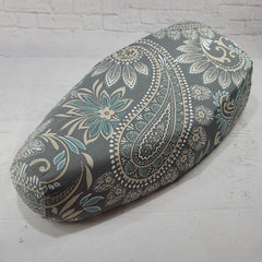Stone gray Genuine Buddy Kick 125 canvas seat cover with oversized cream and teal paisley, handmade by Cheeky Seats