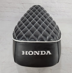 Honda Elite SA50 Double Diamond Seat Cover, with white stitching and Honda logo, handmade Honda Elite SA50 seat cover by Cheeky Seats, product detail view 4