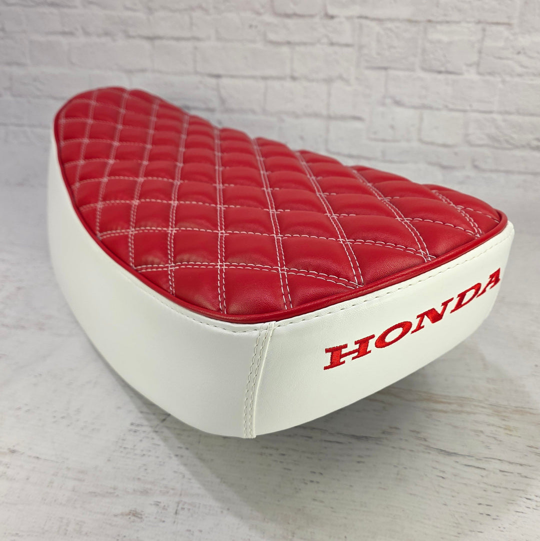Red and white Honda Dax Seat Cover hand stitched diamonds
