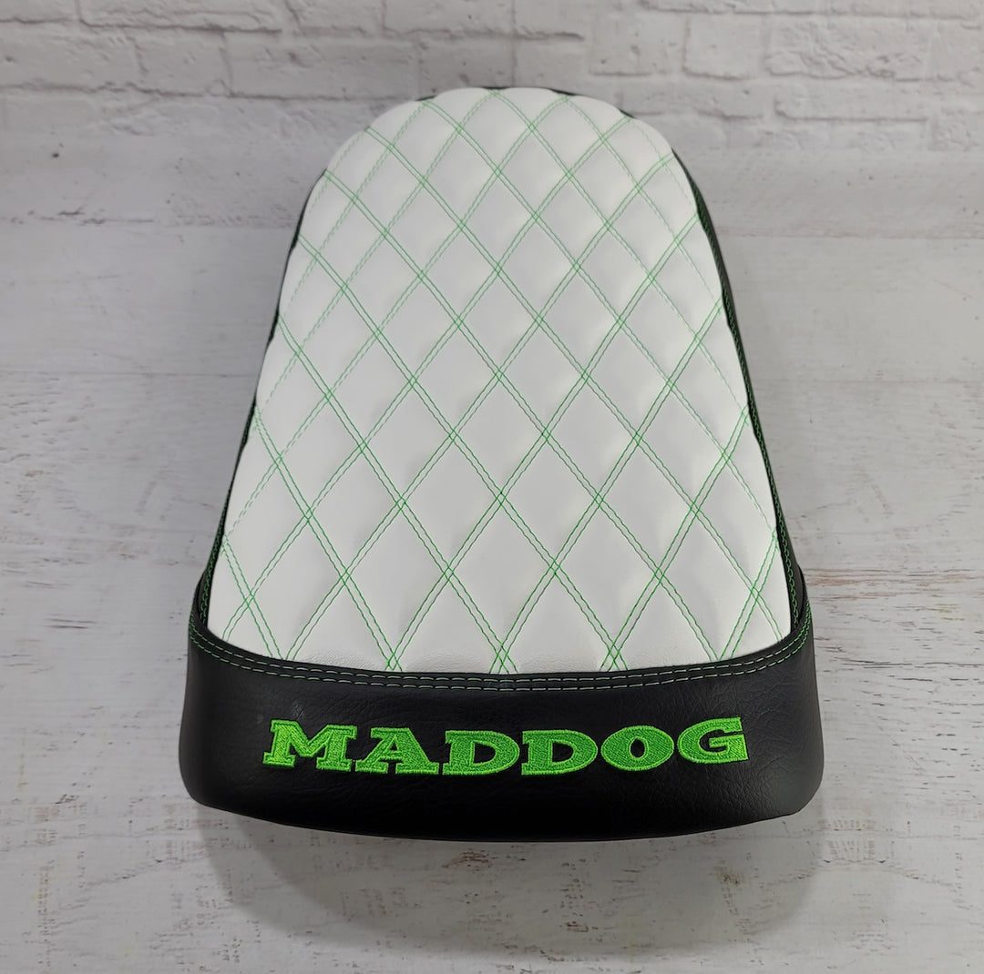 Rear view Maddog Gen IV Seat cover - white diamond with green stitching and Maddog logo - handmade by Cheeky Seats