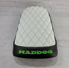Rear view Maddog Gen IV Seat cover - white diamond with green stitching and Maddog logo - handmade by Cheeky Seats