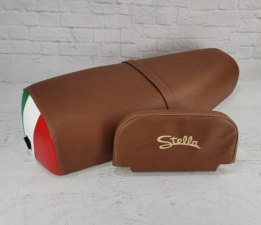 Matte cinnamon Genuine Stella cover with an Italian flag rear panel and matching embroidered Cuppini backrest cover with Stella logo, handmade by Cheeky Seats