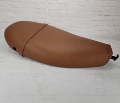 Vespa ET 2/4 matte cinnamon seat cover stitching detail with lock opening, and bag hook handmade by Cheeky Seats